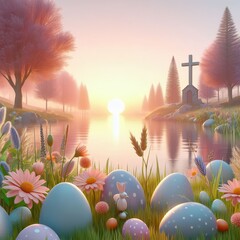 Happy Easter. Easter background. Easter eggs and flowers.
