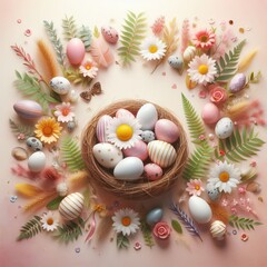 Fototapeta na wymiar Happy Easter. Easter background. Easter eggs and flowers.