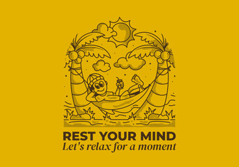 Rest your mind, let's relax for a moment. illustration of a guy hanging on the hammock