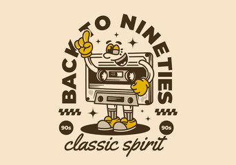 Back to nineties. Vintage character illustration of Tape cassette