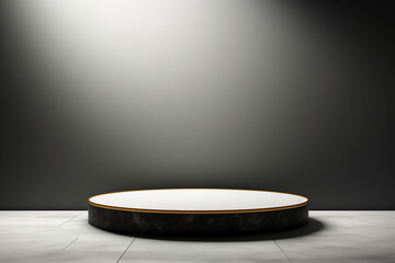 A marble-made, round-shaped product podium is on the floor. (Generative AI)