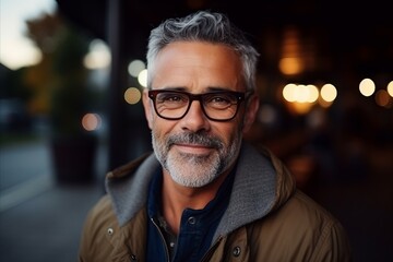 Portrait of a handsome senior man with eyeglasses at night - obrazy, fototapety, plakaty