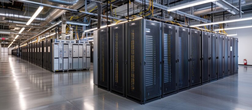 Image of a functional data center showing rows of server racks.