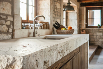 A country style kitchen with rustic and white stone countertop, leaving copy space by focusing on foreground.