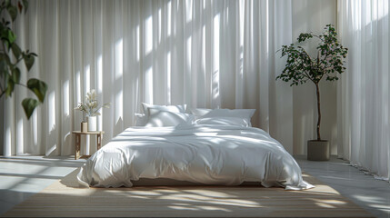 Contemporary White Bedroom with Striped Wall Shadows.
A contemporary bedroom bathed in white with a striking design of striped shadows across the walls.