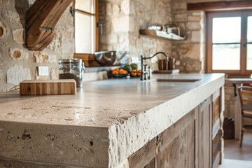 A country style kitchen with rustic and white stone countertop, leaving copy space by focusing on foreground.