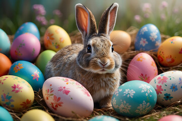 Fototapeta na wymiar A cute rabbit with colorful Easter eggs
