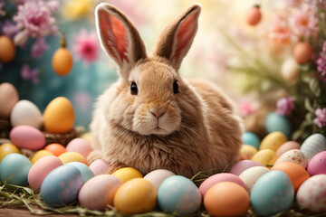 Naklejka na ściany i meble A cute rabbit with colorful Easter eggs