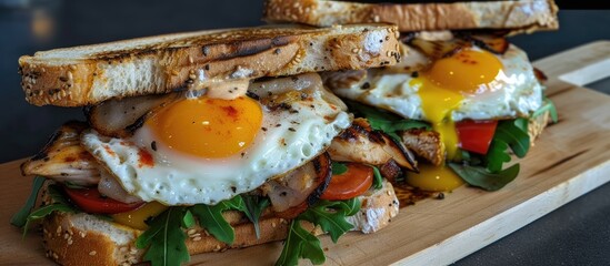 Grilled chicken, fried eggs, veggies, and cheddar dip on a club sandwich.
