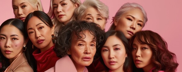 A diverse group of women, spanning various ages and ethnicities, pose together to represent unity and the beauty of multiple generations against a pink backdrop.