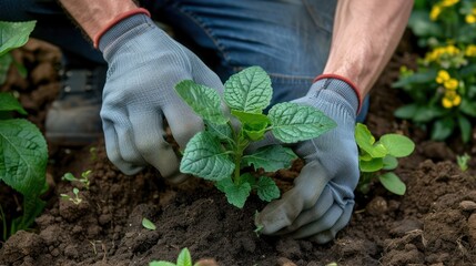 Hands clad in gloves nurture a young plant, embodying the concept of gardening.