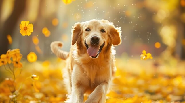 Happy golden retriever dog on Spring nature background, wide web banner. Spring activities for dogs. Fall Care Advice For Dogs. Preparing dog for walks in autumn and
