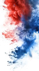 A colorful eruption of red, white, and blue dust against a white background,
