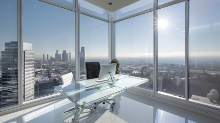 Fototapeta na wymiar Minimalistic Office with Glass Desk and Panoramic City View