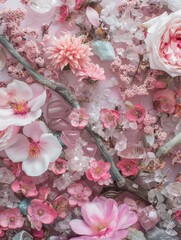 A soft arrangement of pink flowers and clear crystals