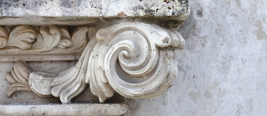 Close-up of an archaeological fragment in an ancient city, showcasing an architectural antique element and the natural stone marble texture.