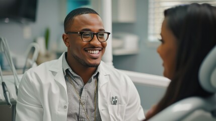 A patient exchanging smiles and conversing with a dental practitioner in a dental setting. - obrazy, fototapety, plakaty