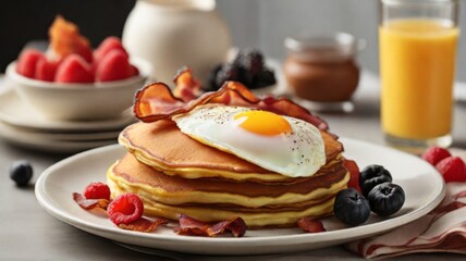 Full American breakfast with bacon, hash browns, eggs and pancakes on a plate