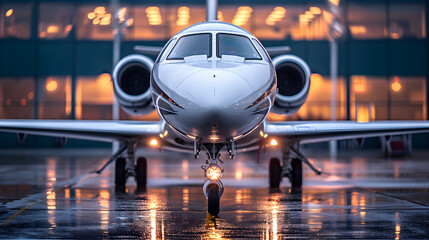 Fototapeta premium A private jet sits on the runway at sunset. The sky is filled with clouds and the sun is setting behind the plane.