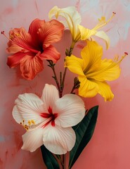 Vivid hibiscus flowers posed against textured paint backdrop