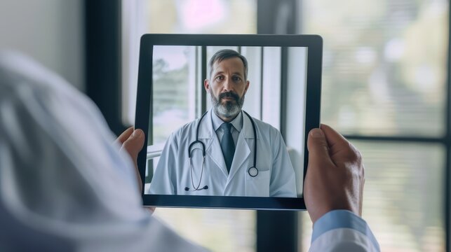 A person holding a tablet featuring the image of a male physician on the screen, proposing the option of a virtual healthcare consultation or telemedicine session.