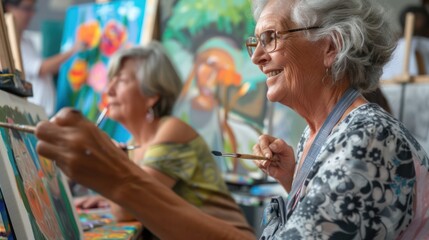 Obraz na płótnie Canvas Engaged in artistic expression, a senior artist woman finds joy painting with her friends in the studio.