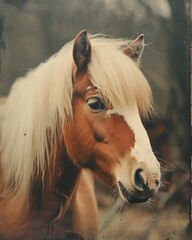 A charming vintage-styled portrait of a palomino horse in a rustic rural environment