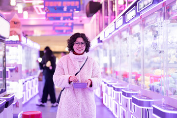 A woman in the arcade