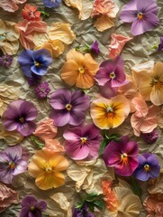 Colorful pansies arranged on crinkled paper backdrop