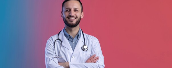 Radiating confidence, a doctor confidently poses against a colored backdrop, donning a white lab coat and a stethoscope around his neck with a smile on his face.