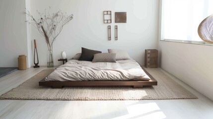 Sleek Minimalist Bedroom Design with Plush Rug and Low Bed Frame