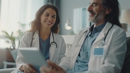 Both a female and a male doctor wear smiles as they collaborate and review data on a tablet.