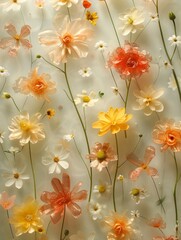 Array of colorful artificial flowers on bright, illuminated background