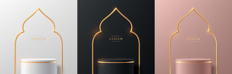 Set of silver, black, pink gold cylinder stand podium 3D ramadan kareem background. Abstract minimal scene mockup products stage showcase, Islamic Eid al Adha Mubarak festival banner promotion display - obrazy, fototapety, plakaty