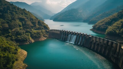The continuous stream of water cascading from a hydroelectric dam merges harmoniously with the serene backdrop of forested mountains, - obrazy, fototapety, plakaty