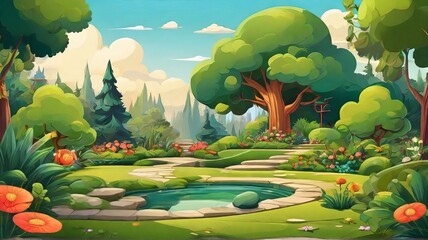 Free Beautiful green garden cartoon background illustration Generative AI