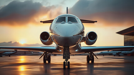 A private jet sits on the runway at sunset. The sky is filled with clouds and the sun is setting behind the plane.