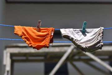 Woman panties on rope clothespin on blur background