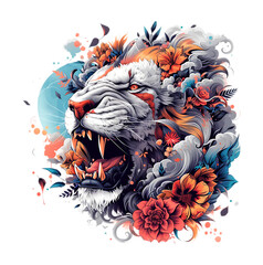Lion head with floral background. Vector illustration on transparent background. cutout png for t shirt