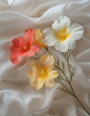 Graceful flowers displayed on a smooth white silk fabric