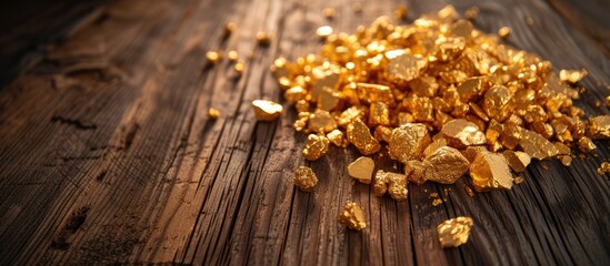 Pile of gold on an aged wooden surface.