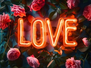 Bright neon 'love' sign adorned with beautiful flowers, perfect for wall art