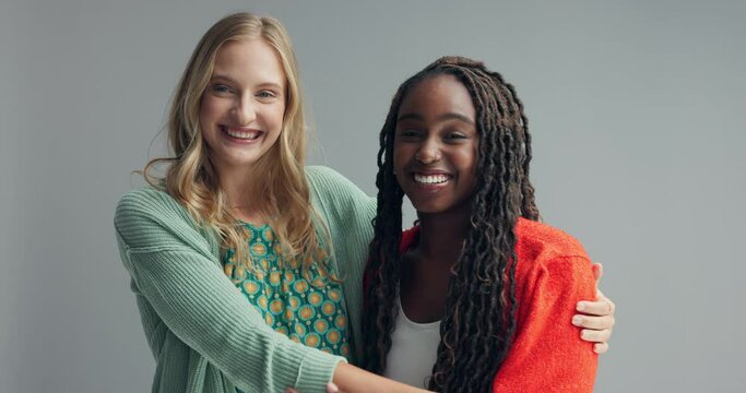 Women, hug and face in studio with love, romantic and lesbian couple with care by gray background. LGBTQ, diversity and happiness in portrait in embrace, commitment and positive with care in mockup