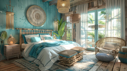 A coastal-themed bedroom boasting a wicker chair set, complemented by driftwood accents and serene ocean hues.