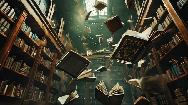 Old books floating in an old library, magical fairy tale atmosphere