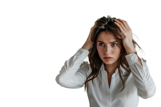 A woman in office clothes are facial expression anxiety and stress, hands touching head, Transparent background. PNG.