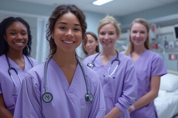 Diverse group of smiling female nurses in purple scrubs, hospital environment