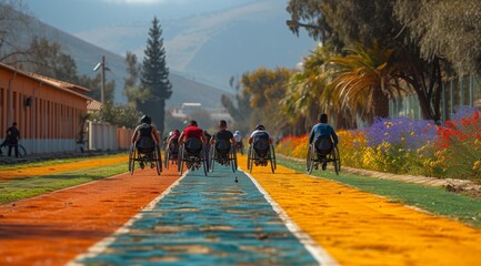 Wheelchair athletes racing on colorful track