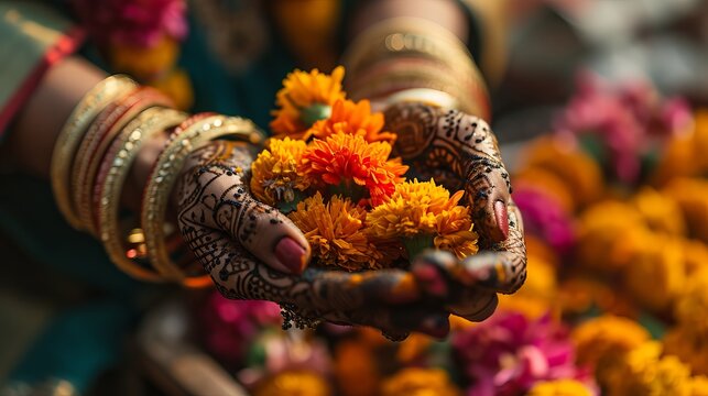 A Henna Filled Bride's Hands Holding Yellow Cultural Flowers