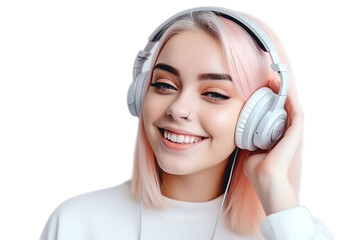 A teenager young woman with headphone, Isolated on transparent PNG background, Generative ai